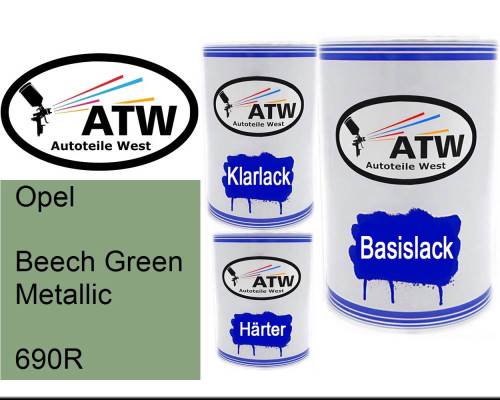 Opel, Beech Green Metallic, 690R: 500ml Lackdose + 500ml Klarlack + 250ml Härter - Set, von ATW Autoteile West.